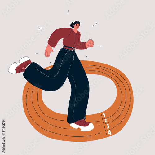 Fotografie Cartoon vector illustration of a woman running on a circular track, symbolizing