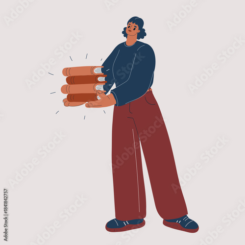 Cartoon vector illustration of a woman holding a stack of books, eager to read and learn