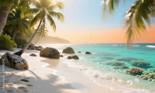 The tropical coastline of a small paradise. Sand and ocean on a sunny day.