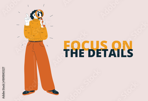 woman, female, magnifyingglass, looking, inspecting, observing, examining, cartoon, vector, illustration, character, human, curious, detective, study, scrutiny, attention, focus, detail, investigation