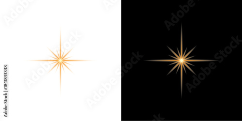Two golden starbursts with light flares isolated on transparent background
