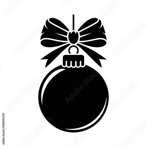 A simple black silhouette of a Christmas ornament with a large bow on top