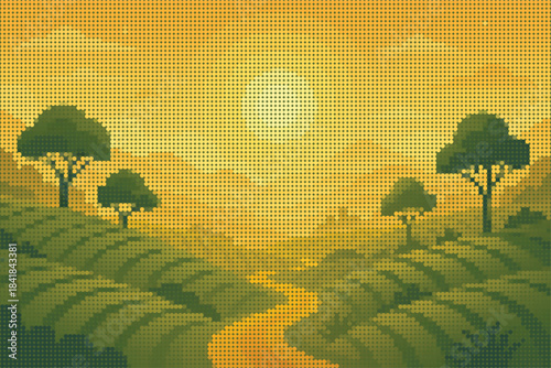 Golden Halftone Tea Garden Sunrise Landscape Poster Template Art