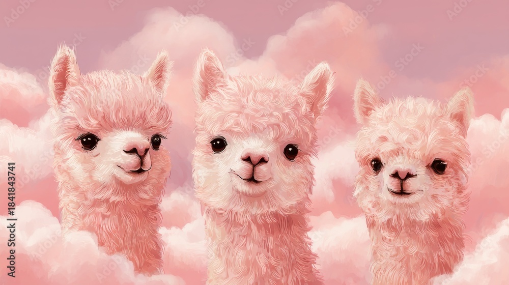 Naklejka premium Whimsical illustration of three fluffy pink alpacas standing among pastel clouds in dreamy pink sky, expressing surreal charm, fantasy atmosphere