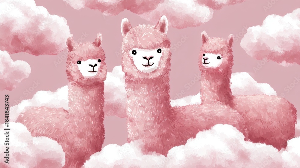 Obraz premium Whimsical illustration of three fluffy pink alpacas standing among pastel clouds in dreamy pink sky, expressing surreal charm, fantasy atmosphere