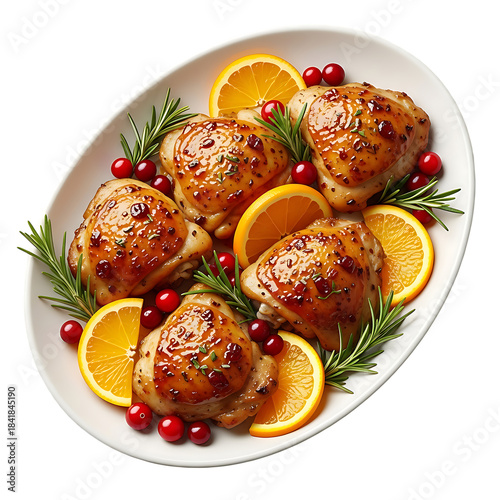 Grilled chicken thighs with orange and cranberry garnish