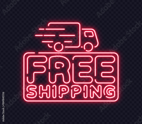 Glowing neon truck icon with free shipping message in frame. Vibrant sign for online store offers or logistics promo.