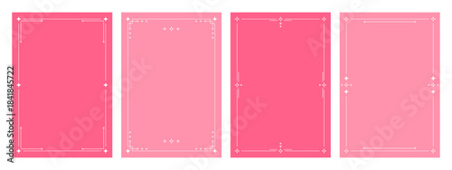 Set of four pink background templates with decorative shiny borders. Collection of vector vertical frames for social media story or greeting card.