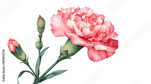 Realistic watercolor illustration of blooming pink carnation with two closed buds on green stem, ideal for botanical