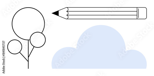 Creativity, minimalism, design ideas, education tools, nature concepts, abstract art. Black pencil, geometric tree with circles blue cloud. Creativity and minimalism concepts