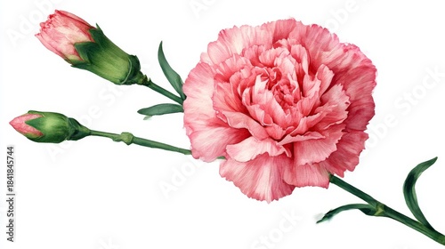 Realistic watercolor illustration of blooming pink carnation with two closed buds on green stem, ideal for botanical