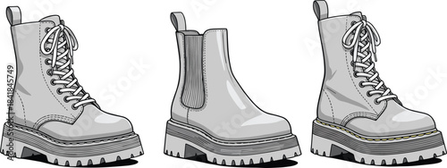 Combat boots vector, Chelsea boot sketch, rugged sole footwear, fashion illustration, stylish shoes, gray boot design, cad drawing flat vector illustration