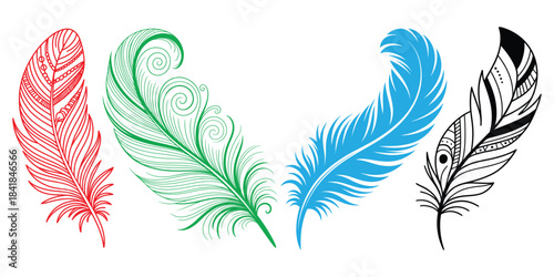 Vector illustration set of colorful feathers for design and decoration
