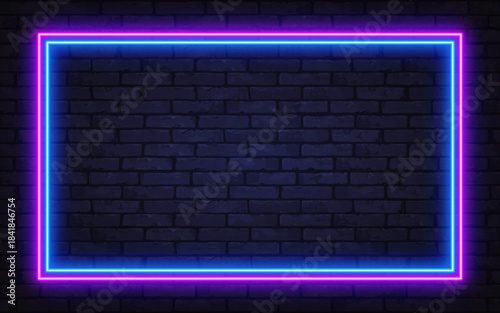 Double neon frame in pink and blue glowing on a dark brick wall. A bright retro-futuristic background ideal for ads, music visuals, or modern designs.