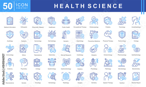 Health Science icon set featuring medical information, diagnostics, clinical specialties, therapies, and research fields including cardiology, neurology, microbiology, oncology, and nutrition.