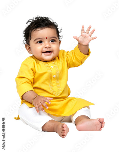 Cute Indian baby boy smiling happily and waving his hand while sitting comfortably wearing traditional yellow kurta and white pants.