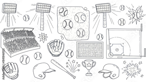 Baseball elements illustration stadiums equipment and game day symbols