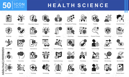 Health Science icon set featuring medical information, diagnostics, clinical specialties, therapies, and research fields including cardiology, neurology, microbiology, oncology, and nutrition.