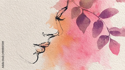 Feminine floral watercolor art with abstract line leaves on textured canvas