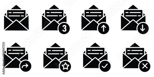 Mail, e-mail, envelope, E-mail icon set. Contains new message, all newsletter, sent, open, write, reply, delete, favorite, send, mailbox, draft, response, chat, spam, post, receive, inbox. Vector