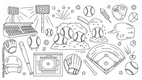 Baseball equipment collection vector outline of sports gear and elements