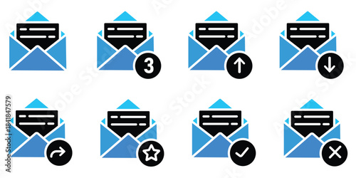 Mail, e-mail, envelope, E-mail icon set. Contains new message, all newsletter, sent, open, write, reply, delete, favorite, send, mailbox, draft, response, chat, spam, post, receive, inbox. Vector
