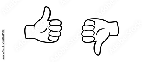 Linear icon with thumbs up and thumbs down. Clean outline symbol for approval and rejection in minimal style. Vector