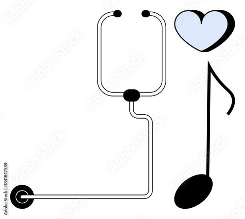 Healthcare, music therapy, healing arts, emotional well-being, sound healing, medical concepts. Stethoscope alongside a heart-filled musical note. Healthcare and music therapy blended illustration