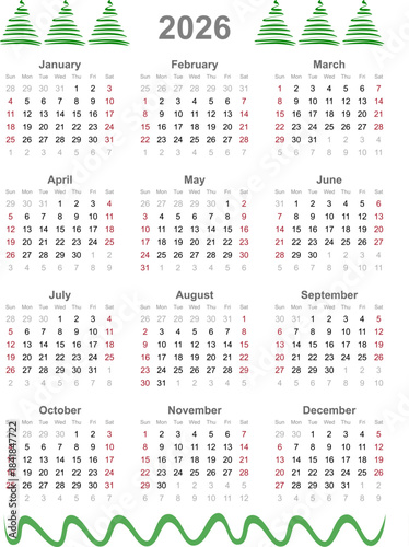 Calendar vector template for 2026 year. Week Starts on Sunday. Transparent EPS version.