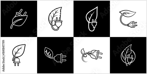 Green Energy Plug Leaf Icons Set. Sustainable Electric Power Eco-Friendly Technology Symbols logotyp.