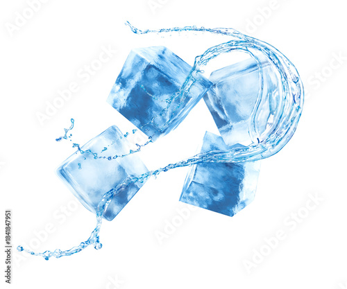 Ice cubes and splash of water in air on white background