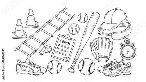 Baseball equipment illustration bat ball glove helmet and training gear