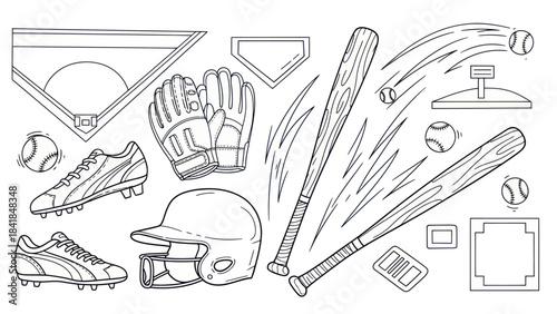 Baseball equipment illustration bats balls glove helmet and field elements