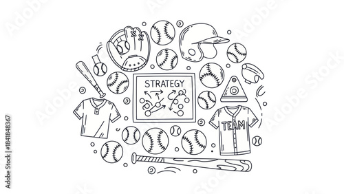 Baseball equipment illustration bats balls glove helmet and team strategy