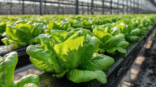 Lush rows of green lettuce flourish inside a greenhouse, capturing the essence of sustainable farming. Bright sunlight enhances the vibrant color of the crops.