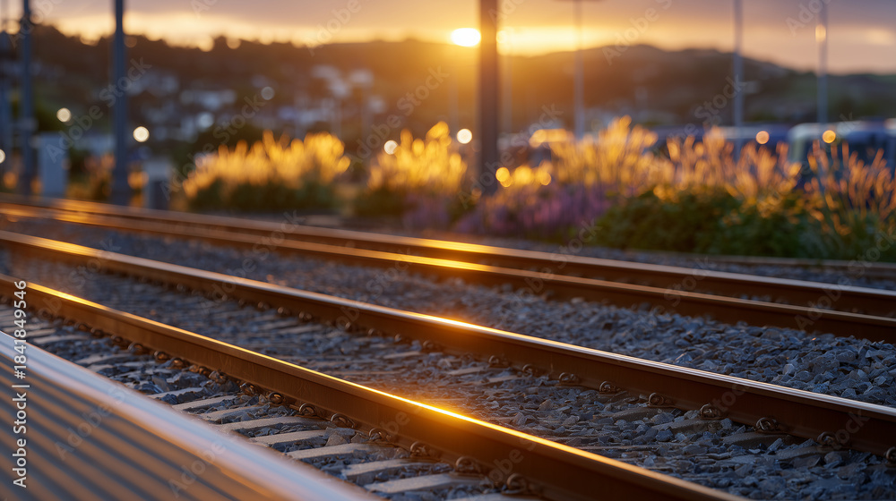 Fototapeta premium Golden hour view of railway tracks with a train faintly visible beyond, brilliant sunlight casting long gradients across metal and gravel, intense yet soft evening glow filling the