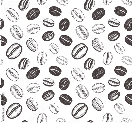 Black and white coffee beans seamless pattern monochrome