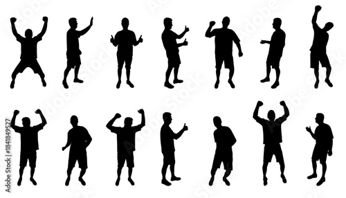 Collection of men silhouettes cheering, jumping, and showing thumbs up gestures. Vector illustration