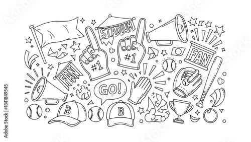 Baseball fan art illustration with essential sports equipment and elements