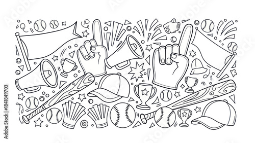 Baseball game celebration graphic with fan gear and festive elements