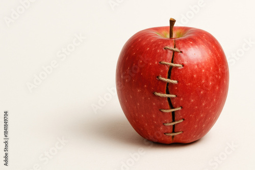 A red apple held together with strong rope seams. Space for text.