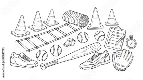 Baseball equipment illustration cones balls bat shoes glove stopwatch clipboard