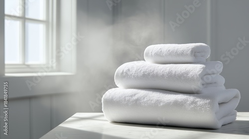 Soft white towels stacked on a table with steam rising in a bright room near a window. Cloud Dancer Pantone color of the year 2026