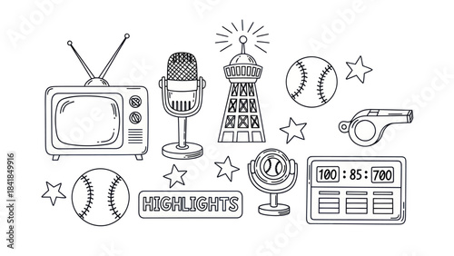 Baseball game icons set television microphone scoreboard and more