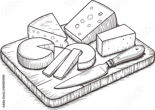 Black and white line of assorted cheeses on cutting board
