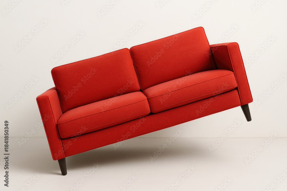 Naklejka premium The red sofa is tilted to the side on a light background.