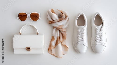 Fashion items arranged on a plain surface in a neat layout for a casual look with accessories on display. Cloud Dancer Pantone color of the year 2026