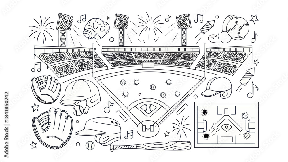 Obraz premium Baseball stadium illustration with sports equipment and celebration elements