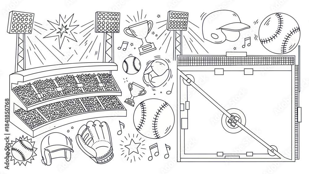 Fototapeta premium Baseball stadium illustration with stadium equipment and related objects
