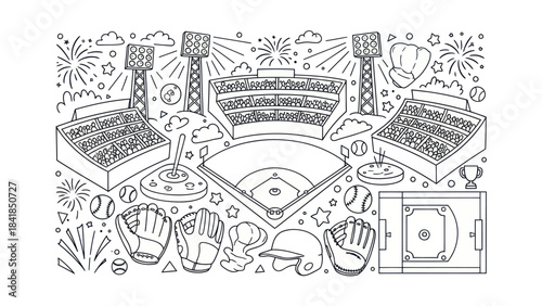 Baseball stadium illustration field gear fireworks and spectator seating